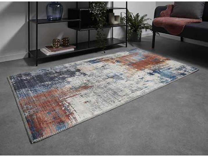 -LUXOR- living Polino tapijt voor woonkamer, vintage design, laagpolig, digitale druk, in tijdloos design, 80 x 150 cm, blauw-koraal