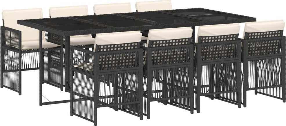 Garten-Essgruppe 9-tlg., für Outdoor, Poly Rattan Schwarz, klappbare Stühle, Hartglas-Tischplatte 220x106x73 cm, 8 Stühle mit cremeweißen Kissen