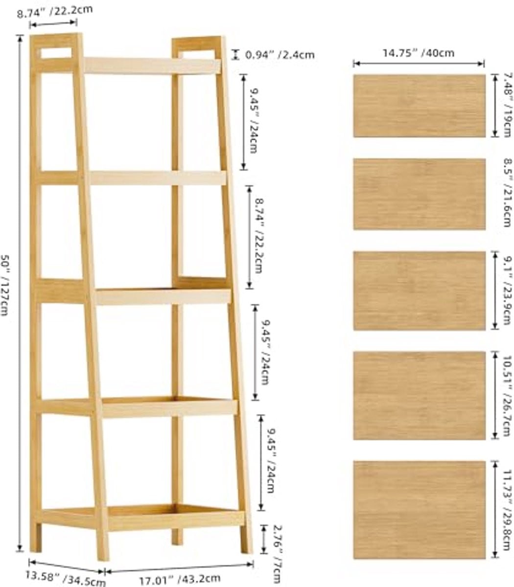 Vrijstaande Bamboe Ladder Boekenkast met 5 Niveaus voor Badkamer, Slaapkamer, Keuken en Balkon