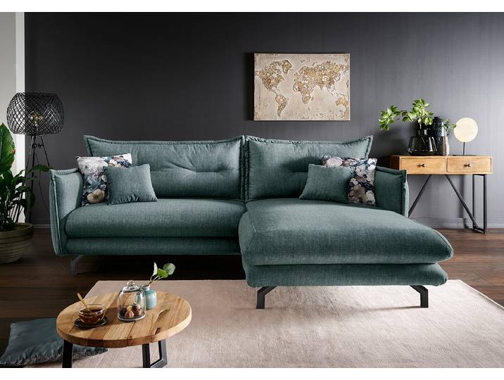 Ecksofa mit Longchair Blau Samt Josita 255 x 80 x 180cm Longchair davorstehend rechts Modern