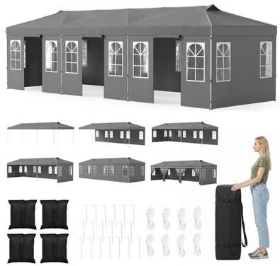 Costway 10 x 30 FT Pop Up Canopy Tent with 8 Sidewalls and Adjustable Height-Gray