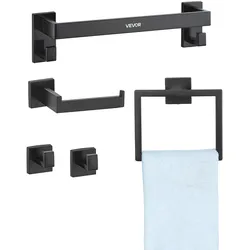 VEVOR Badezimmer Hardware Zubehör Set (5-tlg.) inkl. Handtuchstange (406,4 mm) & Handtuchhalter (quadratischer Ring) & 2 Haken & Toilettenpapierhalter, für Badezimmer, Wandmontage Mattschwarz