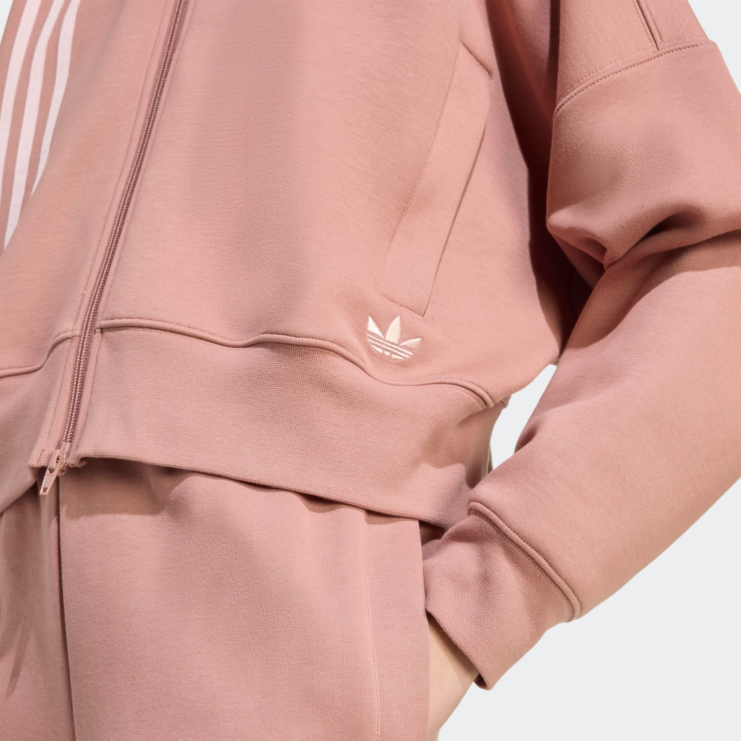 Sweatjacke ADIDAS ORIGINALS "OFF PLACED 3-STREIFEN ZIP UP", Damen, Gr. L, rosa (warm clay), Obermaterial: 53% Baumwolle, 47% Polyester, angesetztes Bündchen, Sweatjacken Sweatjacke, mit Reissverschluss, mit glatter Materialstruktur warm clay L