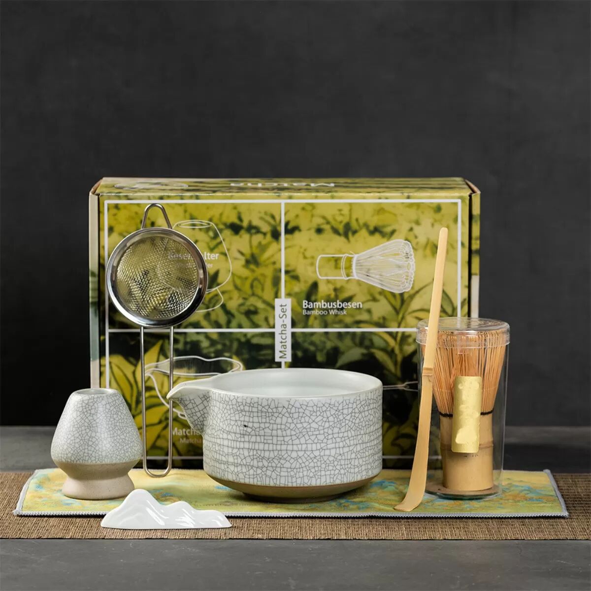 INF Matcha-Set – 7-teiliges Kaolin Matcha-Schalen-Set mit Rissglasur, Bambus-Chasen, Chashaku und feinem Sieb Weiß