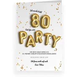 Einladungskarte 80. Geburtstag: Partyballon 80 in Weiß