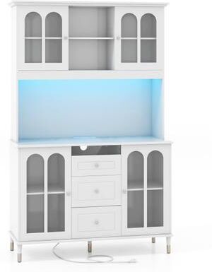 Costway 73 Inch Kitchen Pantry Storage Cabinet Freestanding Buffet Cabinet with LED Lights-White