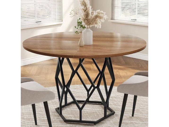 TABLE BASSE - PROMIRACAL - Ronde 98 cm - Plateau aspect bois - Base hexagonale métal - Étagère maille 43 cm