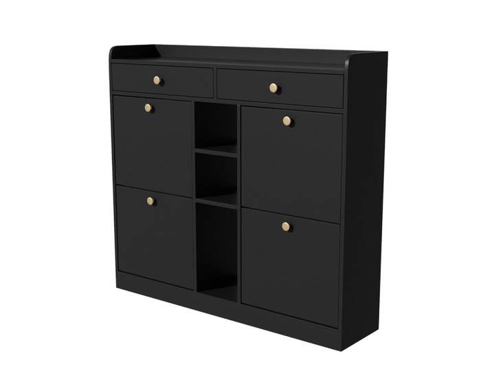 Modfu Schuhschrank aus Spanplatte 110x26x100cm in Schwarz mit Klappentüren, 110x100x26 cm, Garderobe, Schuhaufbewahrung, Schuhschränke