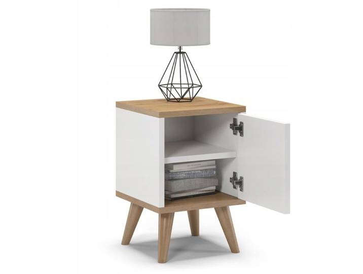 Table de chevet scandinave Oslo 30x30x45 cm porte réversible gauche/droite blanc et chêne meuble compact