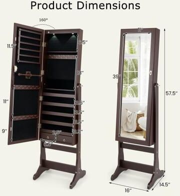 Costway Lockable Mirrored Jewelry Cabinet with Stand and Led Lights-Brown