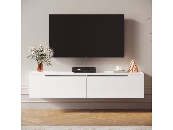 SIRHONA Meuble TV avec 2 portes Meuble TV mural complet avec LED bande lumineuse Blanc H35xL160xP30cm