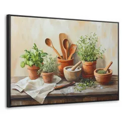 LEINWAND Bilder mit Rahmen - Töpfe - Kräuter - Holz - 90x60