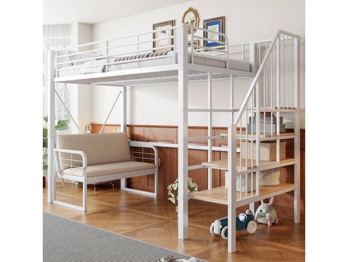 Design solide et protégé lit mezzanine surélevé avec espaces de rangement en métal couleur blanc