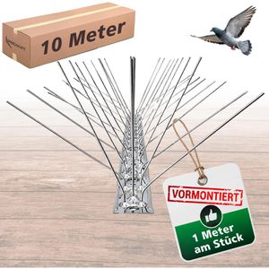 PRIOstahl Vogelabwehr Taubenspikes, 10 Meter, Spikes aus Edelstahl, silber, mit Edelstahlschiene, 5-reihig, 10 Stück