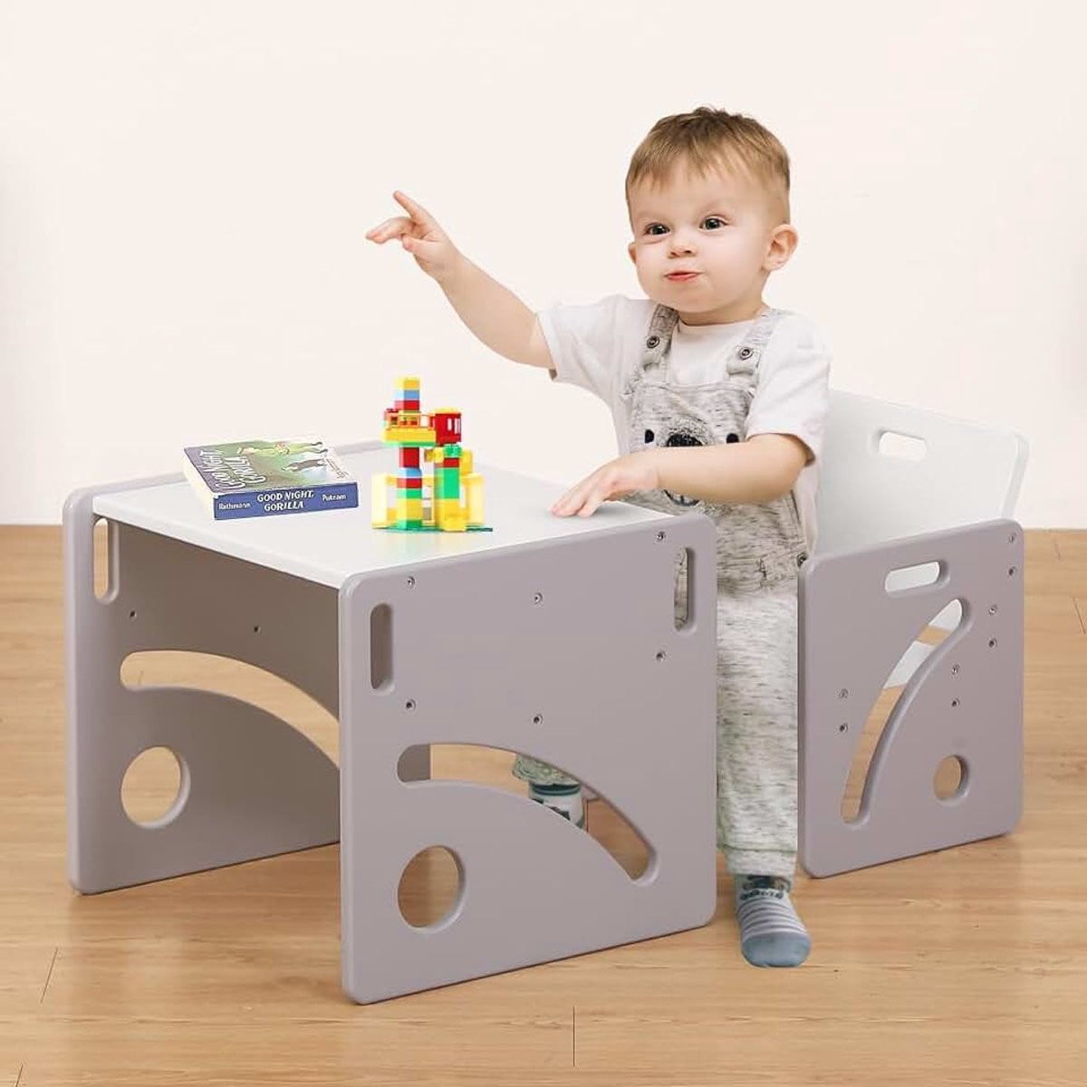 FUNLIO Montessori kindertafel en stoelset, in hoogte verstelbaar, grijs