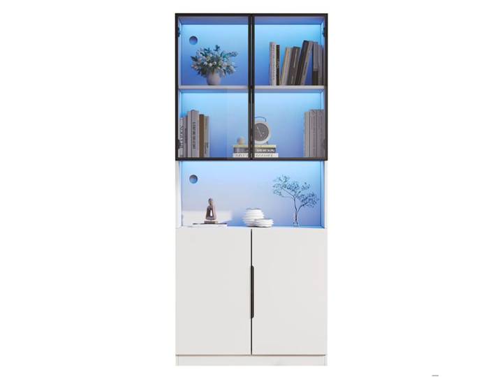 Bibliothèque vitrine minimaliste avec portes vitrées LED réglable blanche 80x30x200 cm