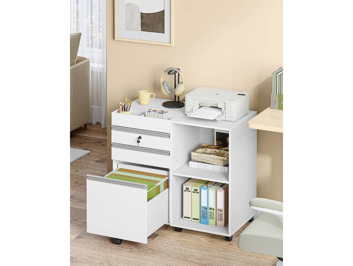 Récipient roulant blanc, armoire de bureau verrouillable avec 3 tiroirs, 2 compartiments ouverts, armoire à tiroirs pour A4, pour bureau, bureau à domicile
