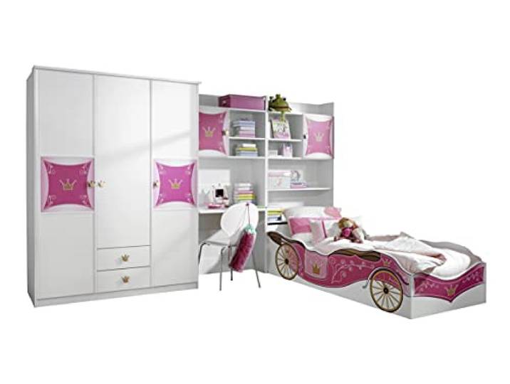Rauch Möbel Kate, Kinderzimmer, Weiß/Prinzessinnenstil, 326x199x238 cm Jugendzimmer im Prinzessinenstil, Set bestehend aus Kleiderschrank, Bett 90x200 cm, Schrankmaße 136x199x56