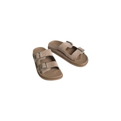 Pantolette CALVIN KLEIN "CITY SANDAL BUCKLE SUEDE", Damen, Gr. 37, beige (taupe), Veloursleder, Schuhe Pantolette, Sommerschuh, Flats mit Schnallenverschluss