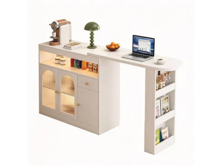 LIHDNGXM Ausziehbarer Bartisch Kücheninsel Sideboard Kombi mit Stauraum Faltbarer Konsolenschrank mit Regalen für Kleine Wohnung Wohnzimmer Balkon(White,120x45x98cm)