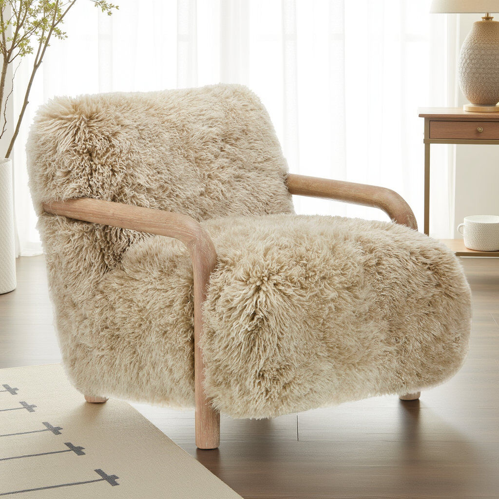 Canora Grey Bayli Upholstered Genuine Fur Armchair Beige 76.5cm H X 72cm W X 91.5cm D