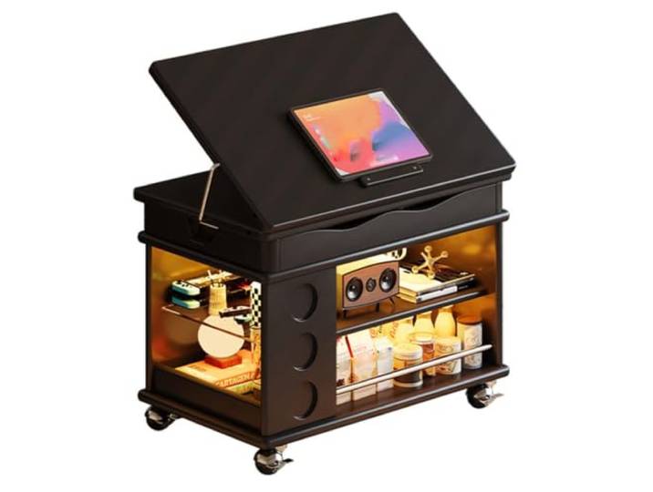MJJRWF Höhenverstellbarer Couchtisch mit Stauraum und Rollen Drehbar um 180 Grad, Neigbar um 45 Grad, 200 Pfund Tragkraft, Mobiler Beistelltisch(Style9)