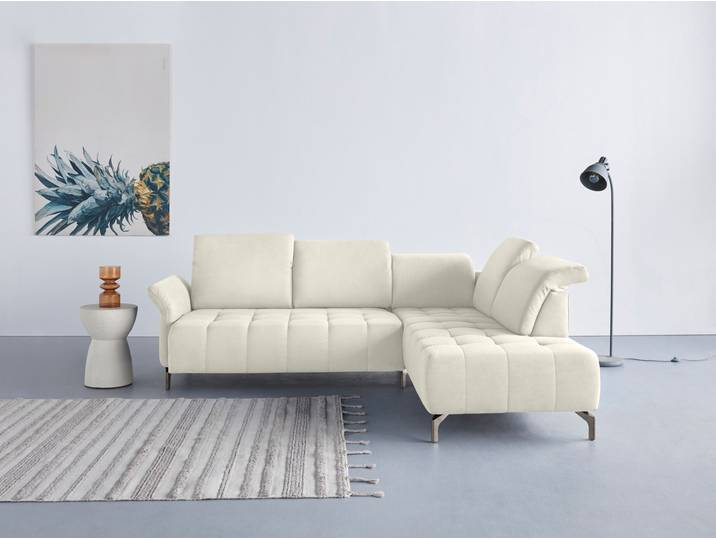 Ecksofa, Stoff, Weiß, 260×220 cm, Federkern, Kopfteilverstellung, Inosign