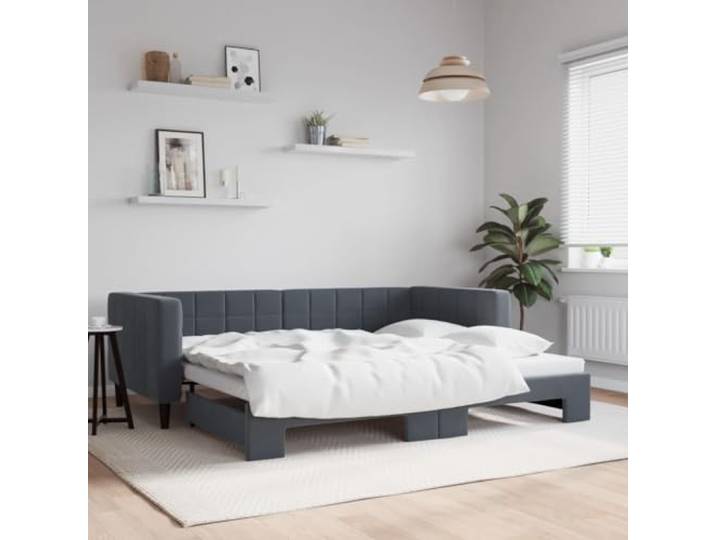 RJPLMFV Tagesbett, ausziehbar, Dunkelgrau, 90 x 190 cm Sofa 2-in-1, Rahmen aus Holz und Metall, weicher Velours, Lattenrost inklusive