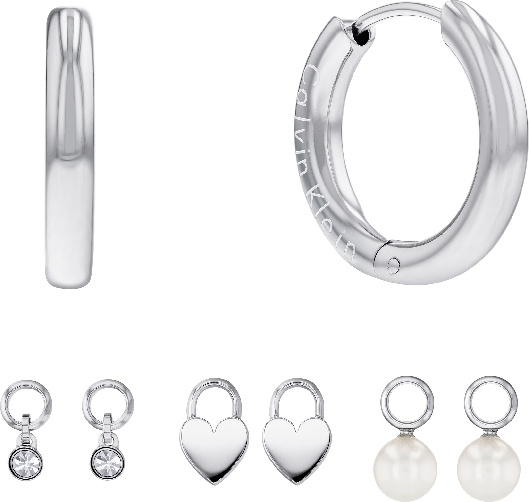 Ohrring-Set CALVIN KLEIN "Multipack Schmuck Ohrrschmuck Ohrringe Schmuckset Huggie", silber (edelstahlfarben, weiß, weiß), Ohrringe, Mädchen, 6mm, Edelstahl Perlen, Edelstahl, Perlen, Ohrring-Set, mit Glasstein - mit Glasperle edelstahlfarben, weiß, weiß 