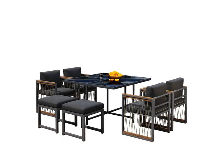 Stilvora Gartenlounge-Set Garten-Essgruppe 6 personen Rattan Outdoor Gartenmöbel,Glas Tischplatt, Grau, Metall, 7, Gartenmöbel, Gartengarnituren, Gartenmöbel-Sets