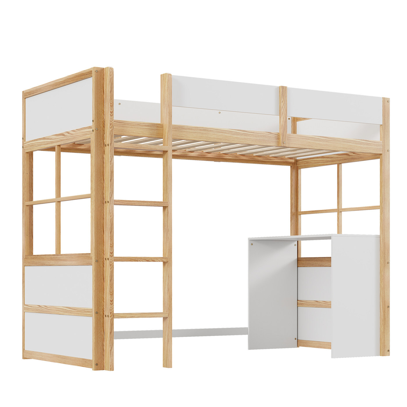 Hochbett,Kinderbett(Holzfarbe)Einzelbett,Sicherheitstreppe,mit Tisch, hohes Zaundesign