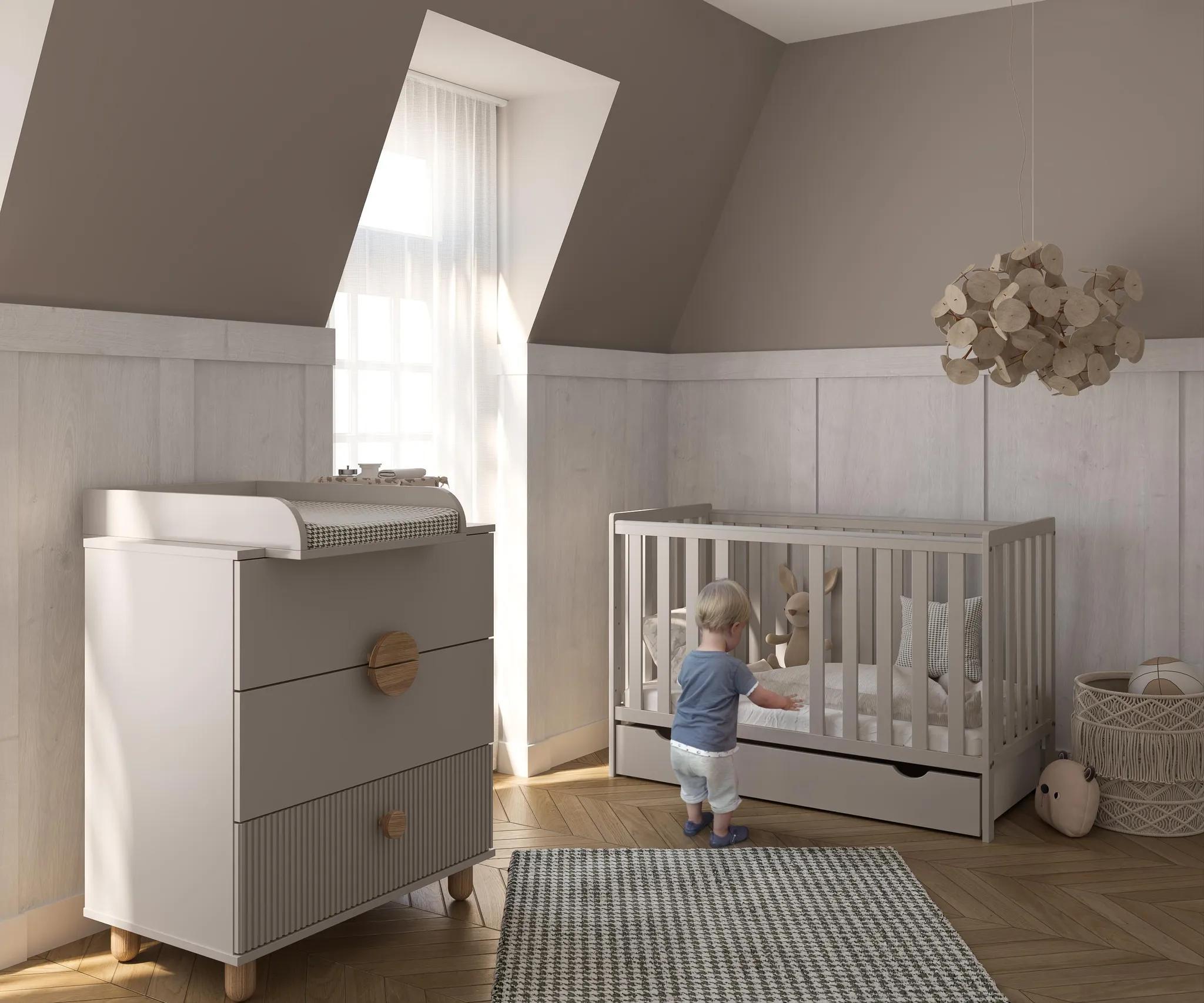 ZEE BAMBI Kaschmir Babybett Set 120x60 cm mit Schublade & Barriere + Wickelkommode LOFT mit Wickeltisch & Holzbeinen Höhenverstellbar Kinderbett