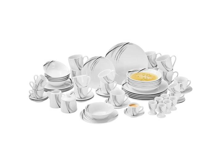 Novel Kombiservice Roma, Grau, Schwarz, Weiß, Keramik, 62-teilig, Streifen, 190 ml,190 ml,220 ml,270 ml,90 ml,420 ml,430 ml, Lfgb, lebensmittelecht, Geschirr, Geschirrsets, Kombiservice