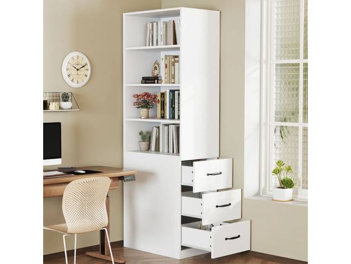 Bibliothèque - Étroite 180x38 cm - Tiroirs latéraux intégrés - Étagères réglables - Blanc