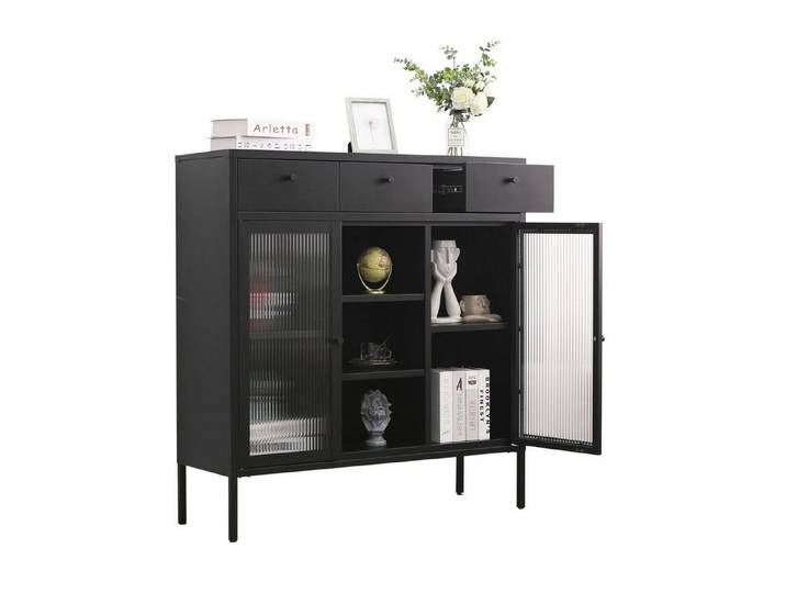 Mein-Regal Highboard PARIS, Schwarz, Kommode Regal Metall Breite 105 cm 2 Glastüren 3 Schubladen