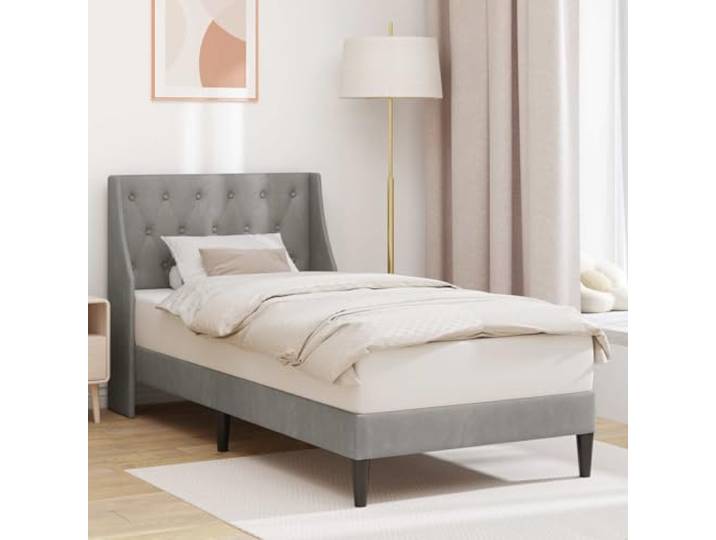 Samt Bettgestell mit Stil Schlafzimmer Mittelpunkt 90 x 200 cm Hellgrau Bettrahmen mit Kopfteil Hellgrau 90 x 200 cm Samt Bettgestell mit Lattenrost Modernes Polsterbett Einzelbett