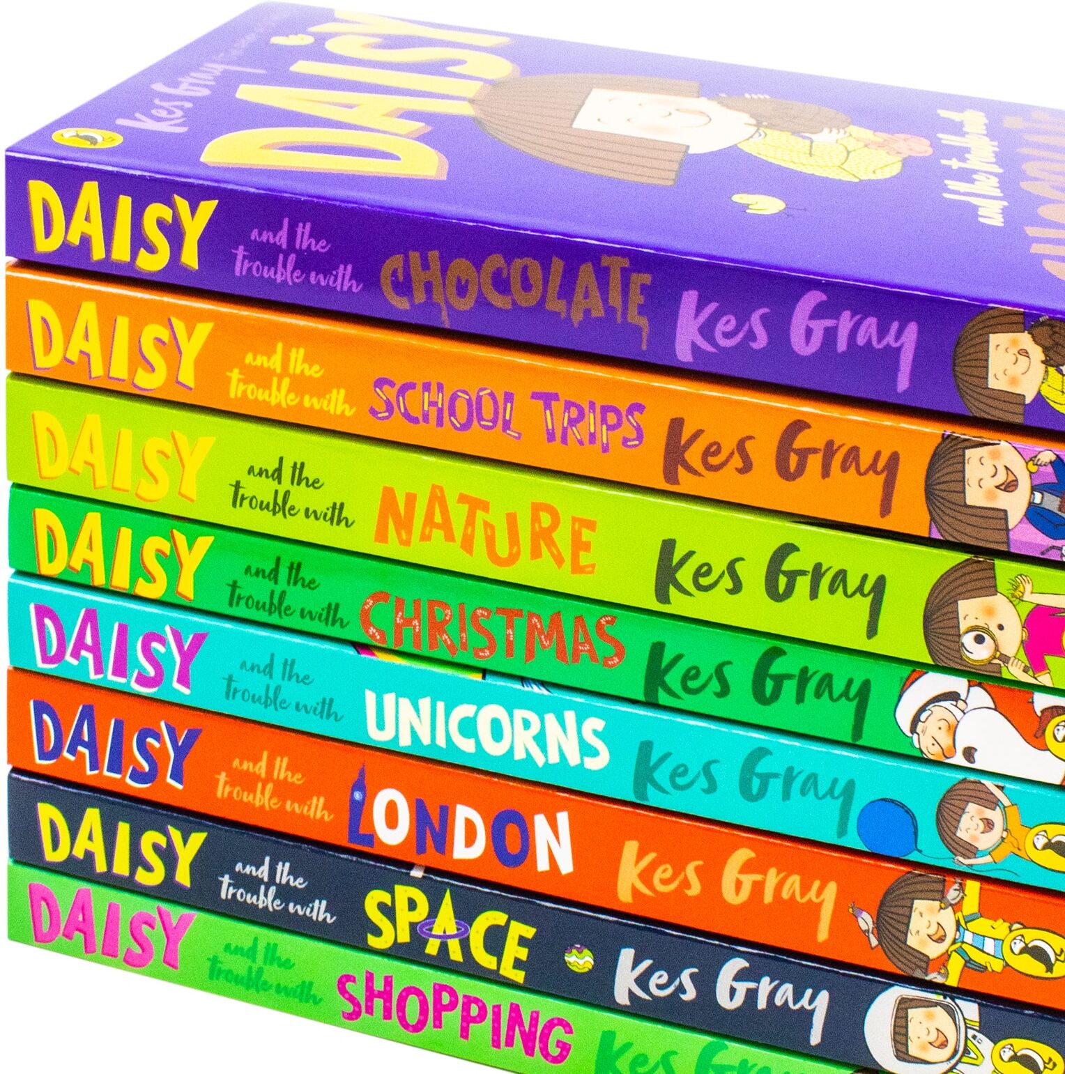 Puffin Daisy And The Trouble Series Collection 8 Books Set by Kes Gray (Chocolate, School Trips, Nature, Christmas, Unicorns, London, Space, Shopping)