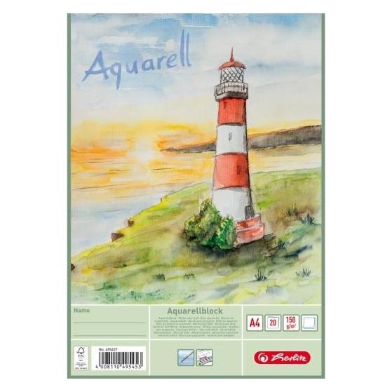 Herlitz Aquarell-Block, 210 x 298 mm, Inhalt: 20 Blatt 150 g-qm, weiss, rauh, Studienqualität (A4, Blanko, Harter Einband) (495457)