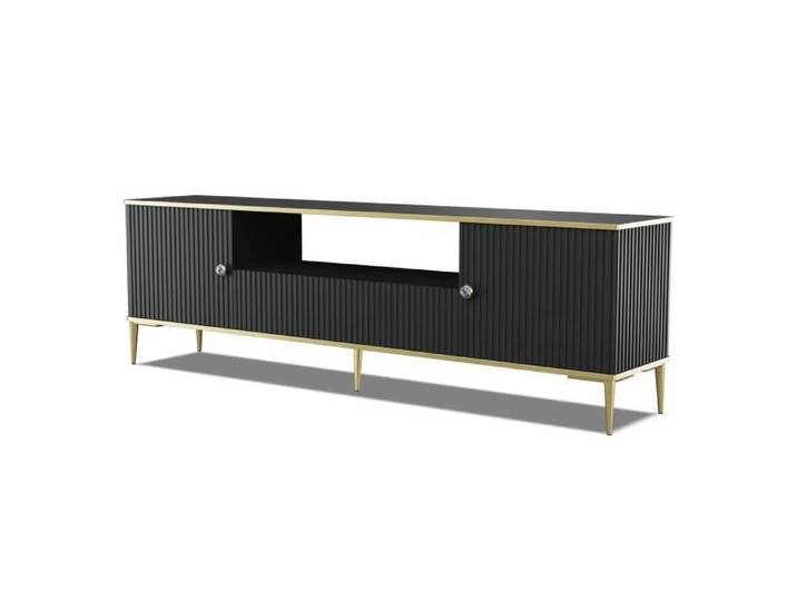 Meuble TV PETRA 180 cm 2D1S noir mat avec pieds dorés
