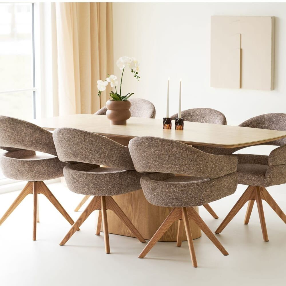 Altobuy Table repas 200cm plateau aspect travertin pied placage frêne naturel Marron 200x76x90cm