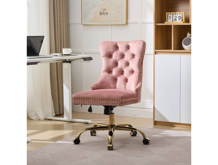 Chaise Bureau Rose 63x50x98cm - Velours Capitonné Doré - Réglable Pivotante - Design Moderne - Confort Domicile Élégant