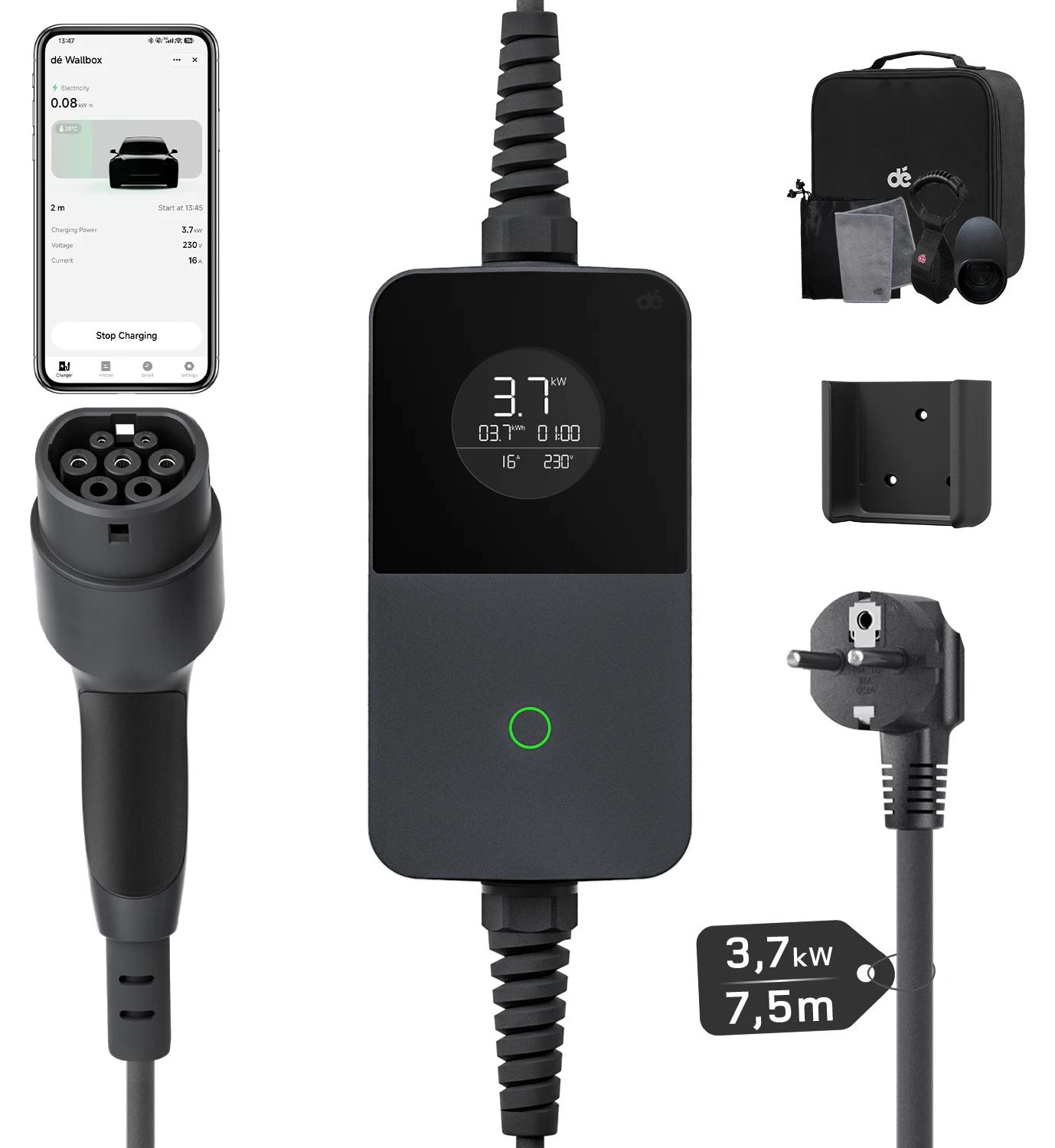 Tragbares EV-Ladegerät - Typ-2-Ladegerät - 3,7 kW - 6-16 A - App-Steuerung - 7,5 m Ladekabel - Schwarz