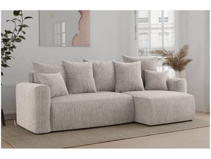 MEBLINI Schlafcouch mit Bettkasten - 238x142x73cm - Creme Cordstoff - Dave - Kleines Ecksofa mit Schlaffunktion - Sofa mit Relaxfunktion und Kissen - Kleine Couch L-Form - Eckcouch