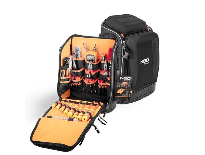 NEO TOOLS Sac à dos à outils pour électricien\, 31 pièces\, avec outils pour électricien\, 26 poches\, kit d'outils électriques mobiles et durables\, dans un sac à dos\, 01-313