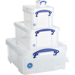 Really-Useful-Box Aufbewahrungsbox BP18+9+3+0.14C, mit Deckel, Kunststoff, transparent, Set 4-teilig
