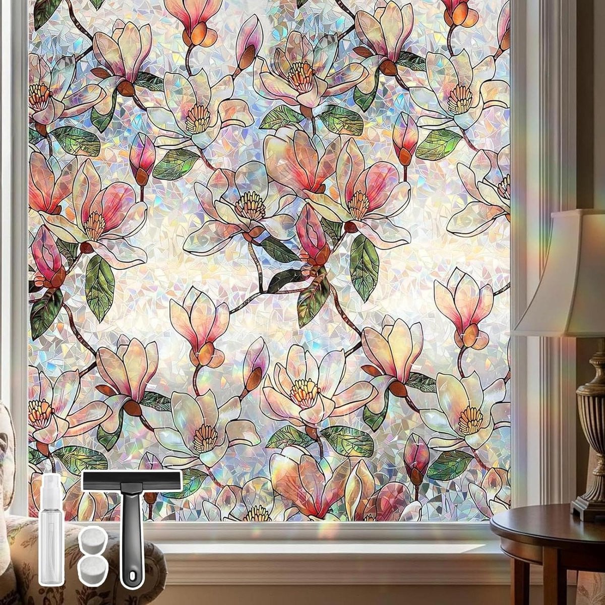 Decoratieve privacy raamfolie met regenboogeffect en Magnolia Bloem - 44 x 200 cm