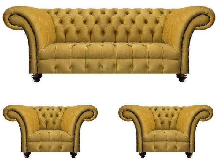 Xlmoebel Chesterfield-Sofa Gelbe Chesterfield Polstergarnitur für elegantes Wohnen, 3-tlg. Garnitur (1x 3-Sitzer + 2x 2-Sitzer), Hergestellt in Europa