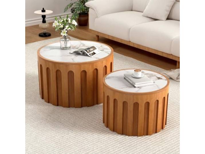 WXFKLDJ Rundes 2-teiliges Satztisch-Set für das Wohnzimmer Couchtisch-Set mit Tischplatte aus Sinterstein und geriffeltem Holz; platzsparende, stapelbare Beistelltische