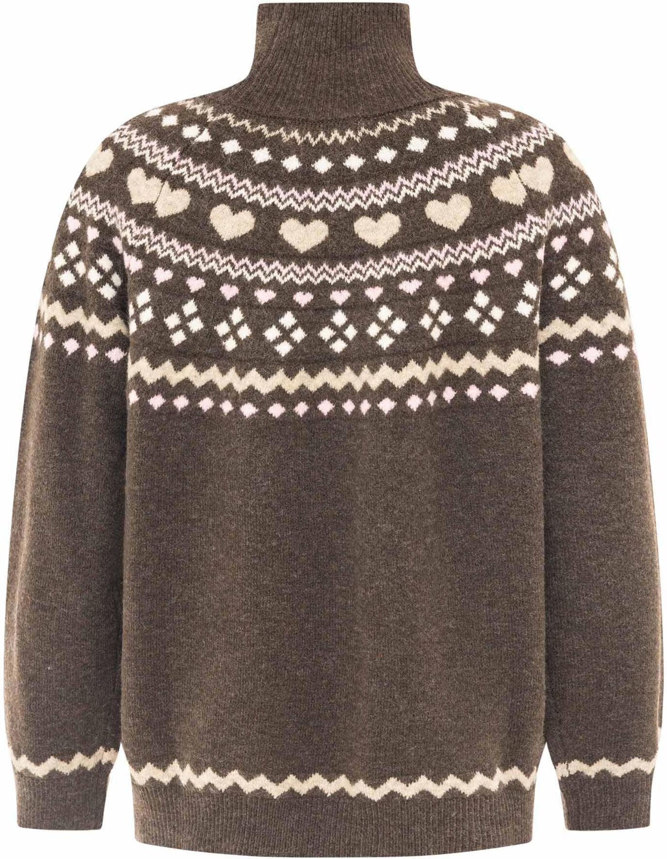 Stehkragenpullover ZWILLINGSHERZ "Norweger", Damen, Gr. S/M, braun, Grobstrick, Obermaterial: 65% Polyester, 13% Polyacryl, 13% Polyamid, 9% Wolle, Pullover Stehkragenpullover, Norweger-Muster, hoher Kragen, oversize, komfortables Strick braun S/M