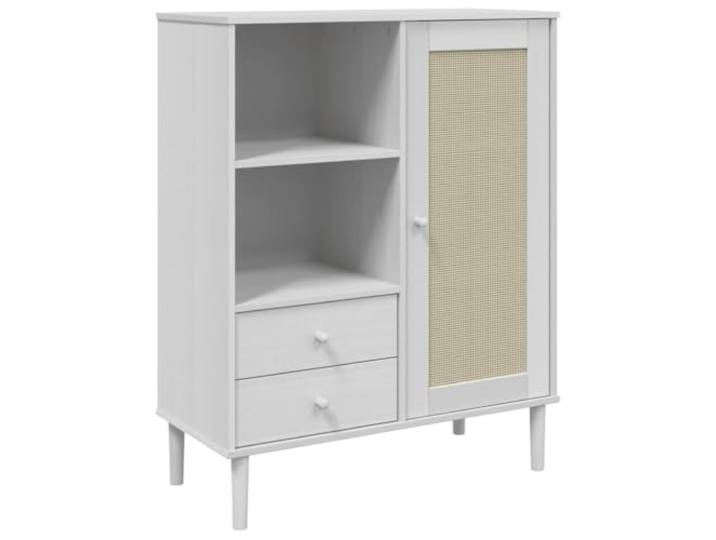 HGFDVCMR Highboard SENJA Weiß 90x40x112 cm Kiefernholz Rattan-Optik Stilvoller Beistellschrank mit Rattan-Optik und viel Stauraum für Wohnzimmer oder Schlafzimmer, inklusive Kippschutz.